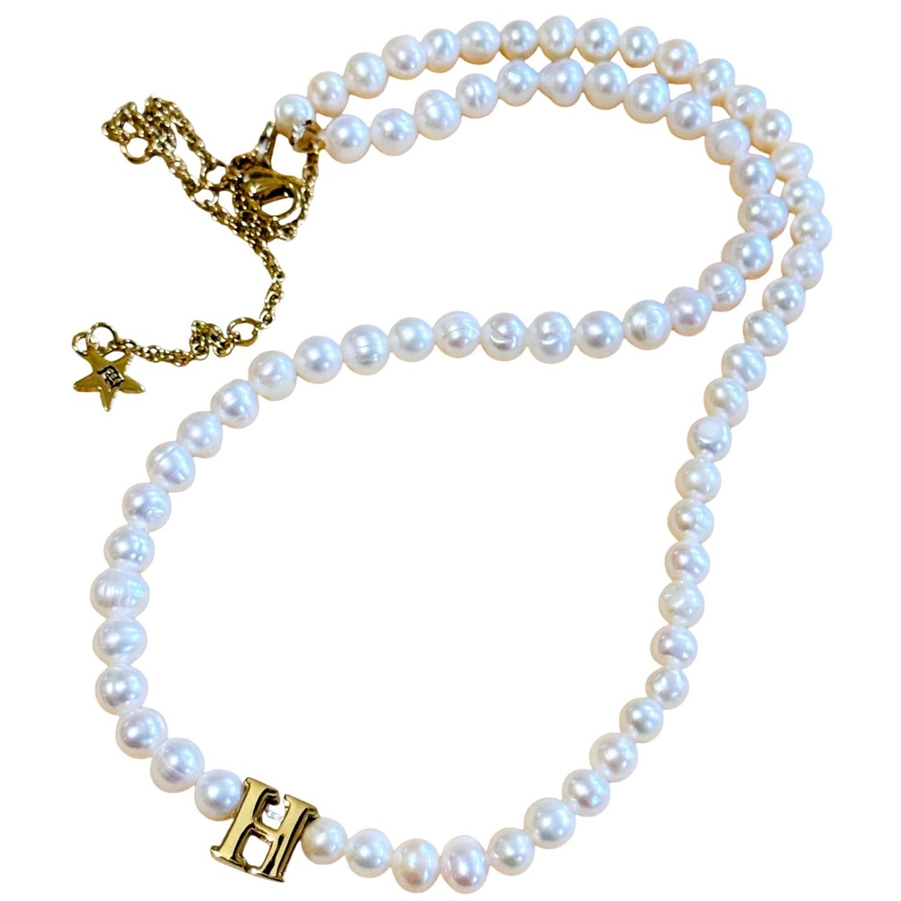 Dalmata Initial letter "H"‎ Pearl Necklace gold plated Freshwater beaded collar